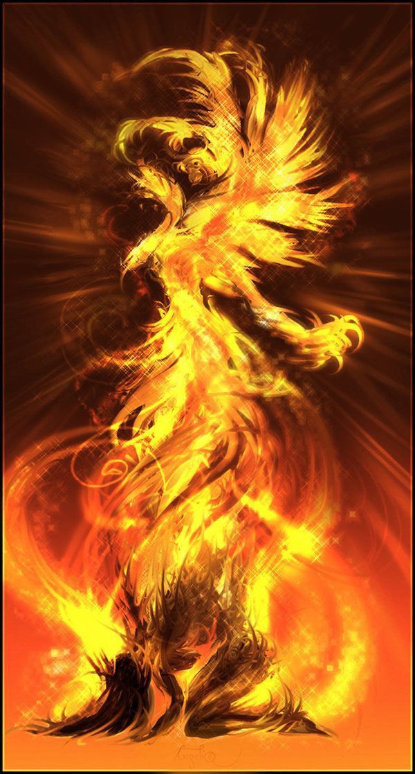 A stylised bird of flame with long streaming plumage, painted in gold and orange.