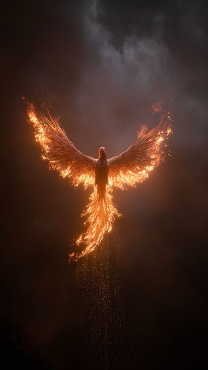 A burning bird rising through dark cloud, embers falling from its tail.