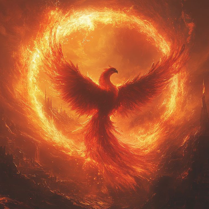 A phoenix rising with its wings spread inside a ring of fire, above a burning city.