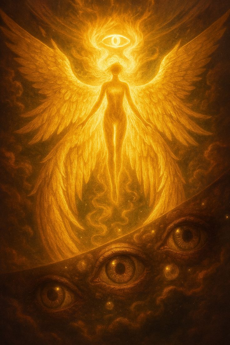 A luminous winged figure surrounded by golden feathers, with watching eyes below.