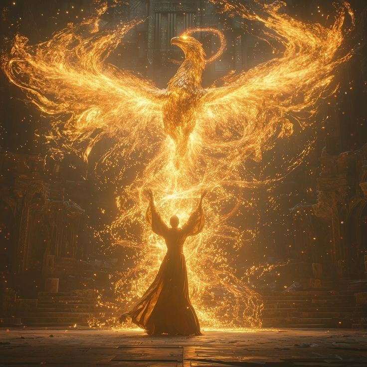 A robed figure with raised arms in a ruined hall, a vast bird of fire opening its wings above.